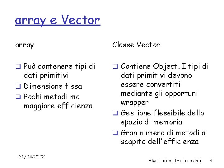 array e Vector array Classe Vector q Può contenere tipi di q Contiene Object.