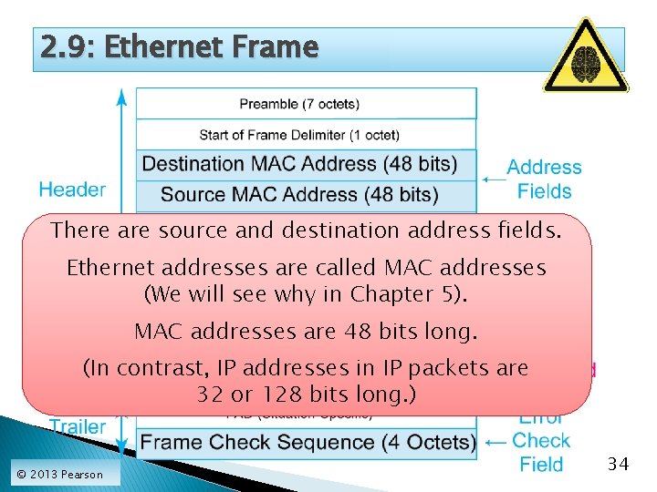2. 9: Ethernet Frame There are source and destination address fields. Ethernet addresses are