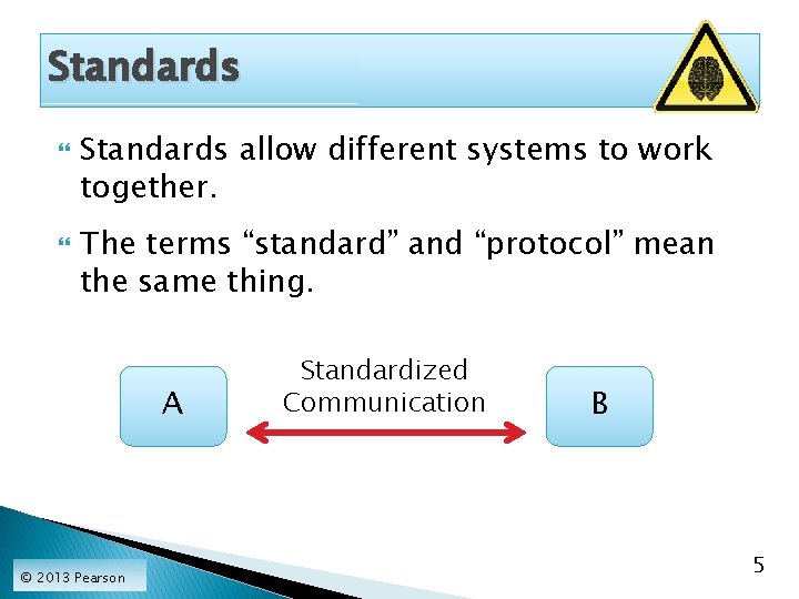 Standards allow different systems to work together. The terms “standard” and “protocol” mean the