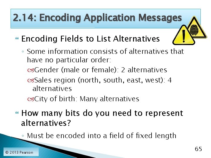2. 14: Encoding Application Messages Encoding Fields to List Alternatives ◦ Some information consists
