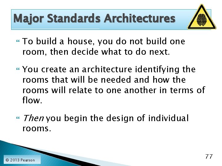 Major Standards Architectures To build a house, you do not build one room, then