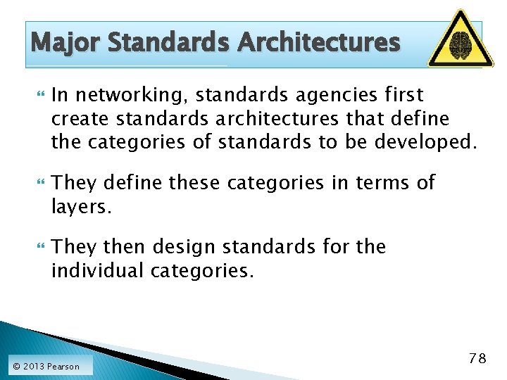 Major Standards Architectures In networking, standards agencies first create standards architectures that define the