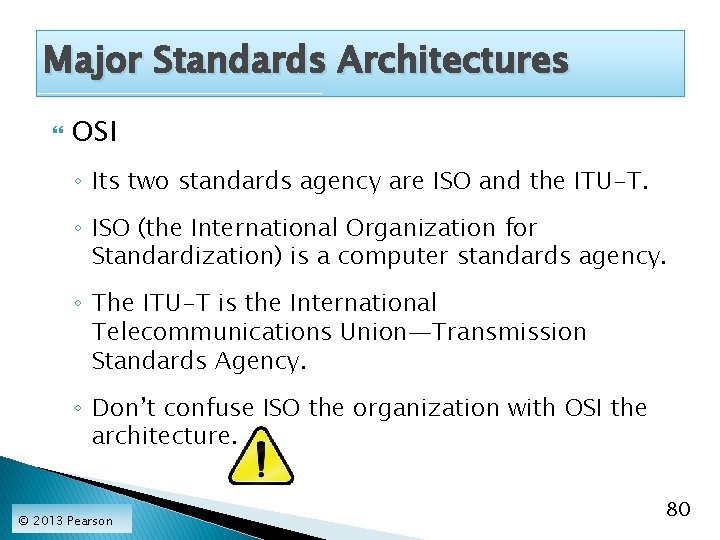 Major Standards Architectures OSI ◦ Its two standards agency are ISO and the ITU-T.