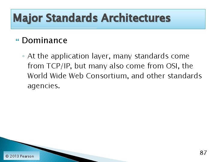 Major Standards Architectures Dominance ◦ At the application layer, many standards come from TCP/IP,