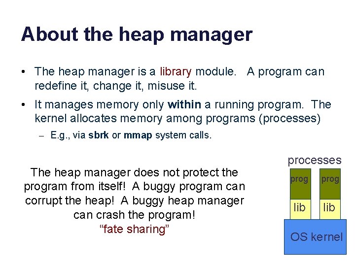 About the heap manager • The heap manager is a library module. A program