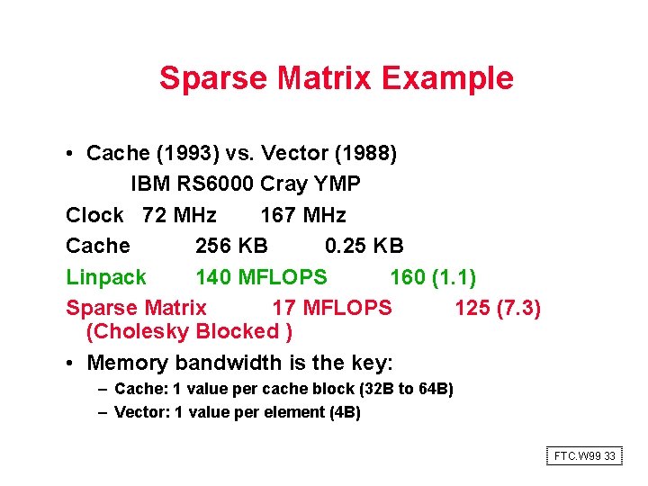 Sparse Matrix Example • Cache (1993) vs. Vector (1988) IBM RS 6000 Cray YMP