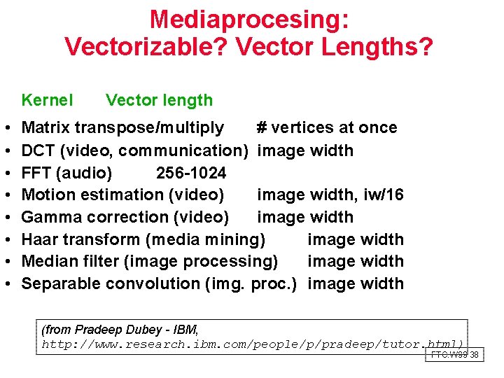 Mediaprocesing: Vectorizable? Vector Lengths? Kernel • • Vector length Matrix transpose/multiply # vertices at