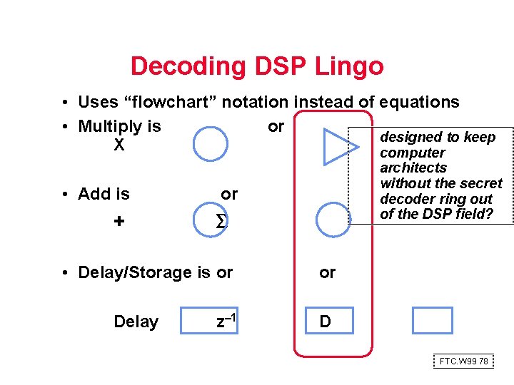 Decoding DSP Lingo • Uses “flowchart” notation instead of equations • Multiply is or