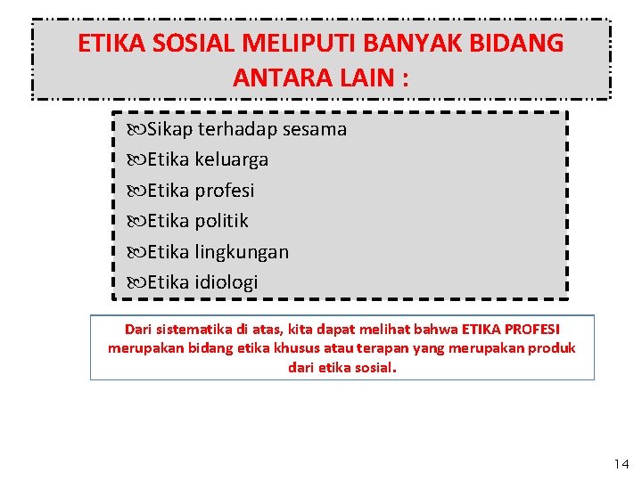 ETIKA SOSIAL MELIPUTI BANYAK BIDANG ANTARA LAIN : Sikap terhadap sesama Etika keluarga Etika