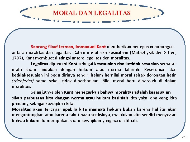 MORAL DAN LEGALITAS Seorang filsuf Jerman, Immanuel Kant memberikan penegasan hubungan antara moralitas dan