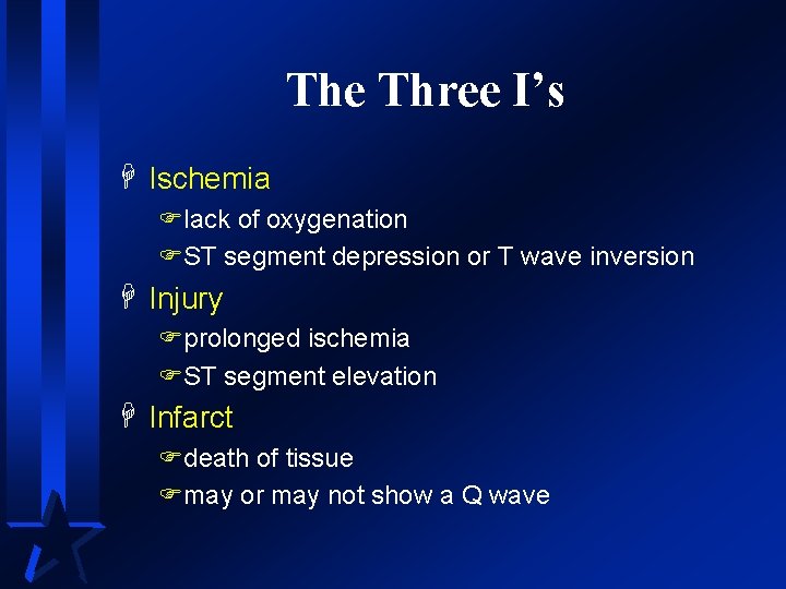 The Three I’s H Ischemia Flack of oxygenation FST segment depression or T wave