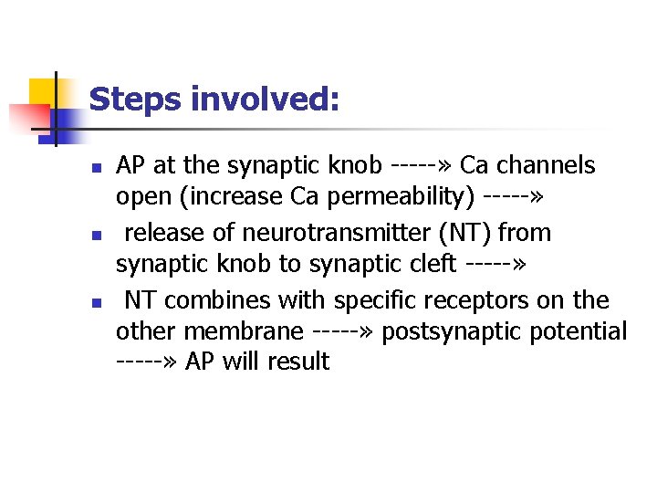 Steps involved: n n n AP at the synaptic knob -----» Ca channels open
