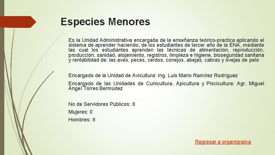 Especies Menores Es la Unidad Administrativa encargada de la enseñanza teórico-practica aplicando el sistema