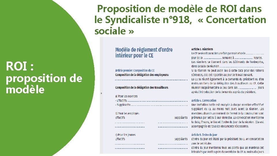 Proposition de modèle de ROI dans le Syndicaliste n° 918, « Concertation sociale »