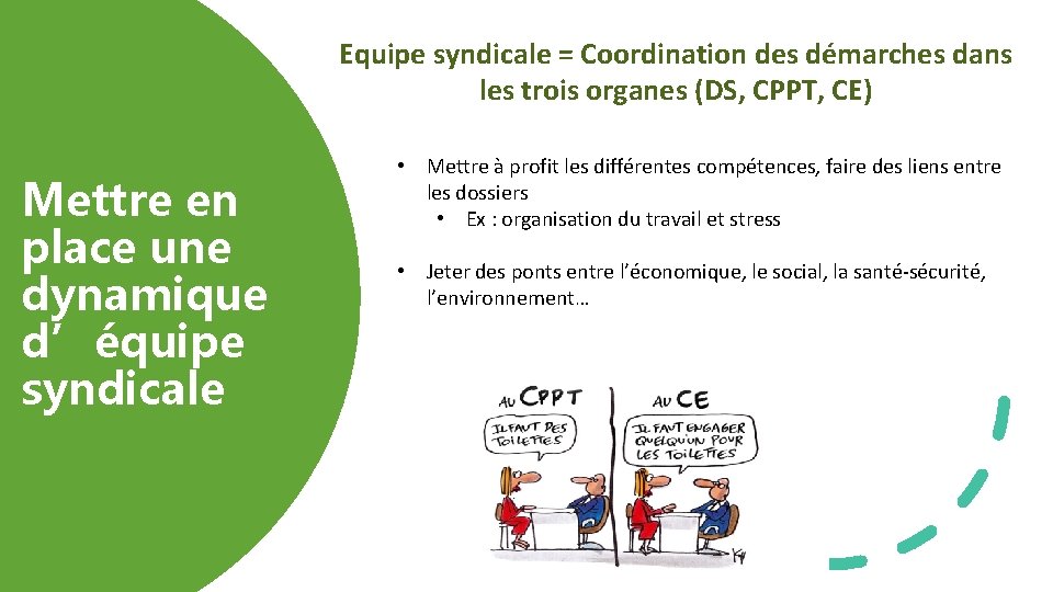 Equipe syndicale = Coordination des démarches dans les trois organes (DS, CPPT, CE) Mettre