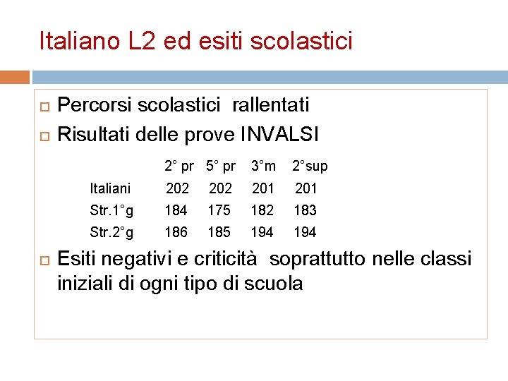 Italiano L 2 ed esiti scolastici Percorsi scolastici rallentati Risultati delle prove INVALSI 2°