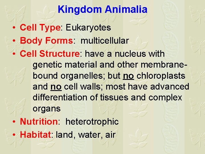 Kingdom Animalia • Cell Type: Eukaryotes • Body Forms: multicellular • Cell Structure: have