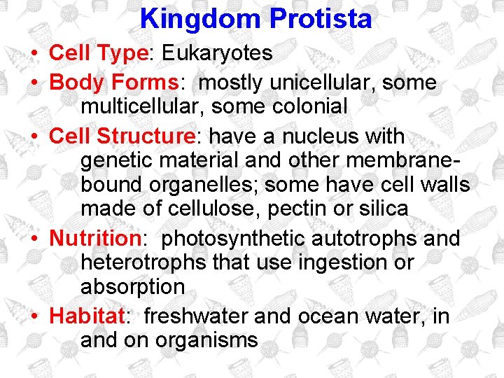 Kingdom Protista • Cell Type: Eukaryotes • Body Forms: mostly unicellular, some multicellular, some