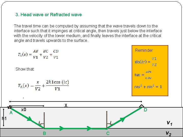 3. Head wave or Refracted wave The travel time can be computed by assuming