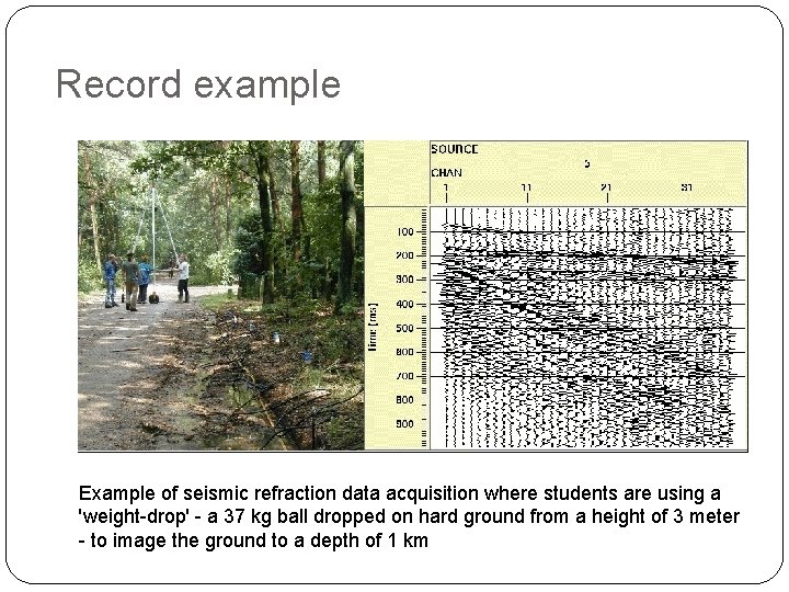 Record example Example of seismic refraction data acquisition where students are using a 'weight-drop'