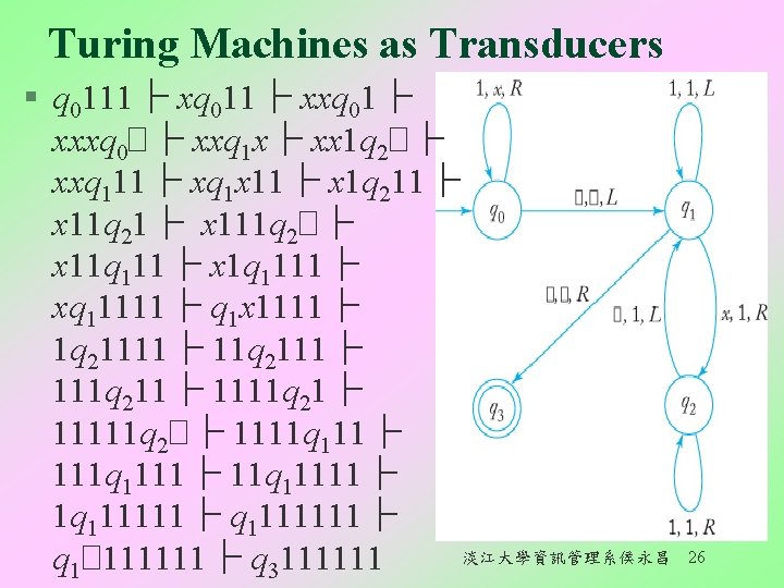Turing Machines as Transducers § q 0111├ xq 011├ xxq 01├ xxxq 0�├ xxq