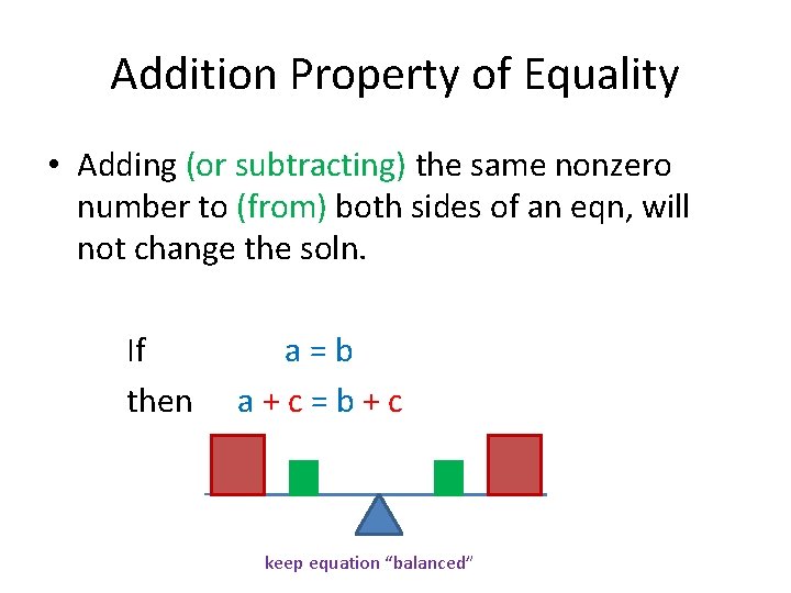 Addition Property of Equality • Adding (or subtracting) the same nonzero number to (from)