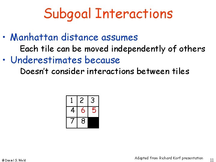Subgoal Interactions • Manhattan distance assumes Each tile can be moved independently of others Subgoal Interactions • Manhattan distance assumes Each tile can be moved independently of others