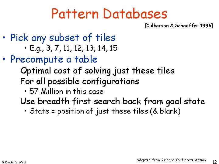 Pattern Databases [Culberson & Schaeffer 1996] • Pick any subset of tiles • E.