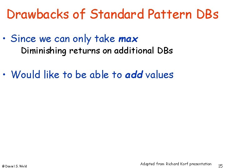 Drawbacks of Standard Pattern DBs • Since we can only take max Diminishing returns Drawbacks of Standard Pattern DBs • Since we can only take max Diminishing returns