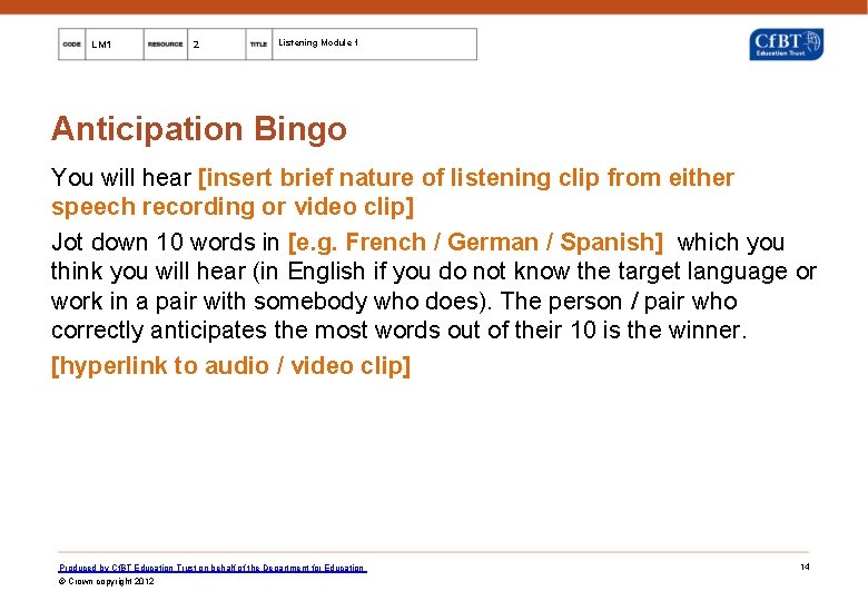 LM 1 2 Listening Module 1 Anticipation Bingo You will hear [insert brief nature