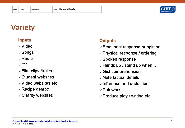 LM 1 2 Listening Module 1 Variety Inputs ✓ Video ✓ Songs ✓ Radio