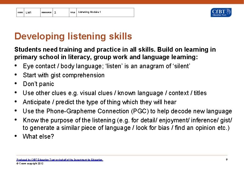 LM 1 2 Listening Module 1 Developing listening skills Students need training and practice