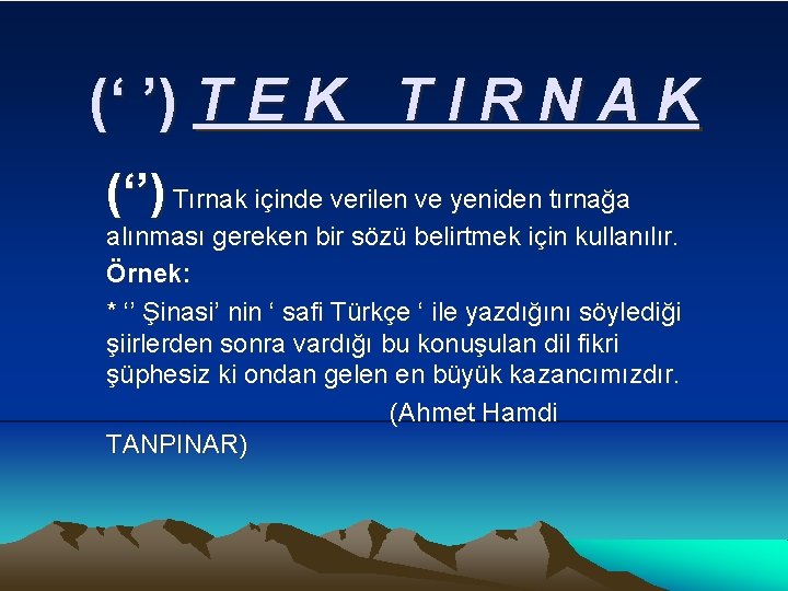 (‘ ’) T E K T I R N A K (‘’) Tırnak içinde