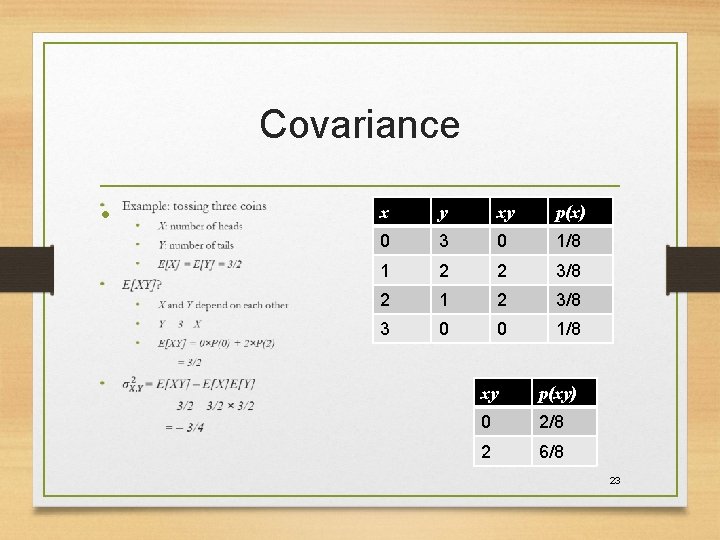 Covariance • x y xy p(x) 0 3 0 1/8 1 2 2 3/8 Covariance • x y xy p(x) 0 3 0 1/8 1 2 2 3/8