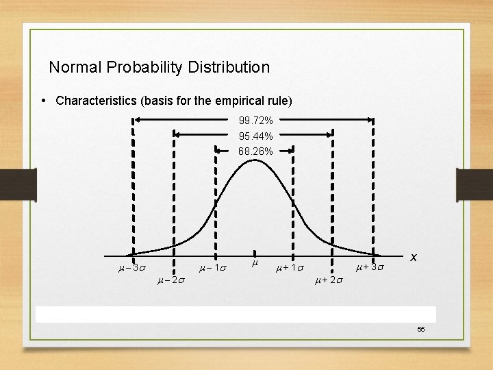 Normal Probability Distribution • Characteristics (basis for the empirical rule) 99. 72% 95. 44% Normal Probability Distribution • Characteristics (basis for the empirical rule) 99. 72% 95. 44%