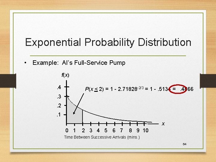 Exponential Probability Distribution • Example: Al’s Full-Service Pump f(x). 4 P(x < 2) = Exponential Probability Distribution • Example: Al’s Full-Service Pump f(x). 4 P(x < 2) =