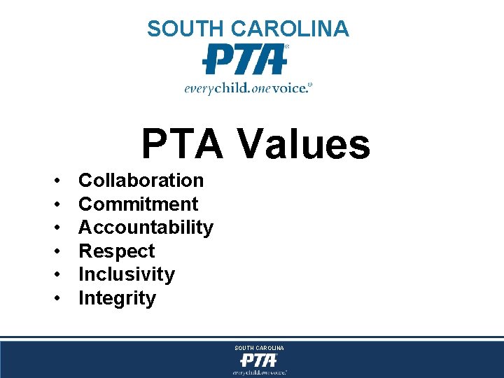 SOUTH CAROLINA PTA Values • • • Collaboration Commitment Accountability Respect Inclusivity Integrity SOUTH