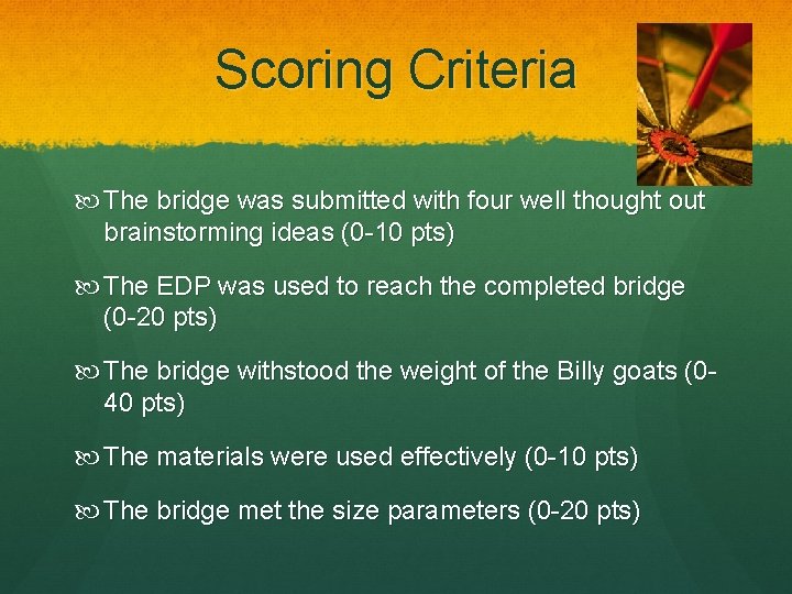 Scoring Criteria The bridge was submitted with four well thought out brainstorming ideas (0