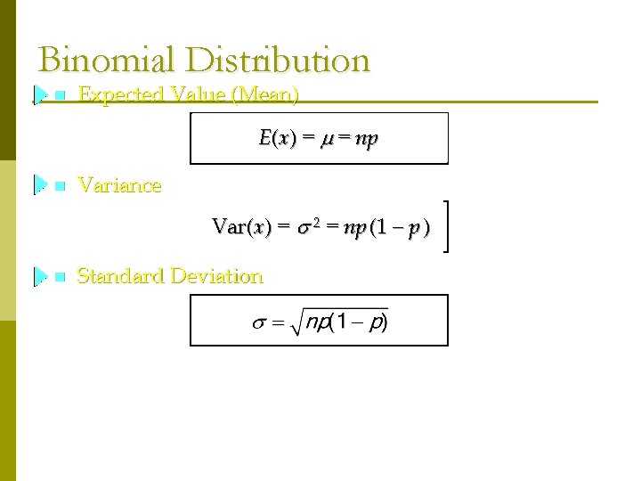 Binomial Distribution n Expected Value (Mean) E(x) = = np n Variance Var(x) =