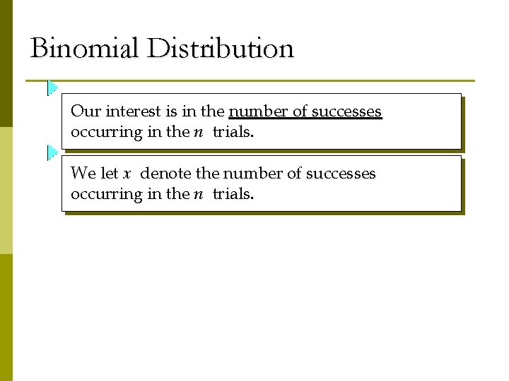 Binomial Distribution Our interest is in the number of successes occurring in the n