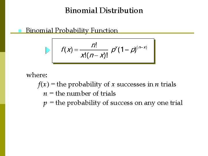 Binomial Distribution n Binomial Probability Function where: f (x) = the probability of x