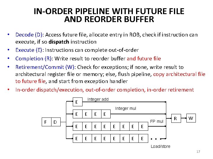 IN-ORDER PIPELINE WITH FUTURE FILE AND REORDER BUFFER • Decode (D): Access future file,