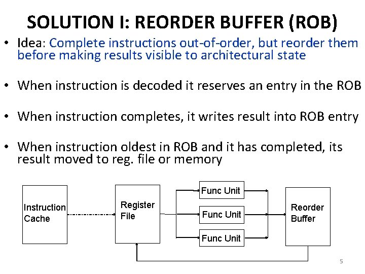 SOLUTION I: REORDER BUFFER (ROB) • Idea: Complete instructions out-of-order, but reorder them before