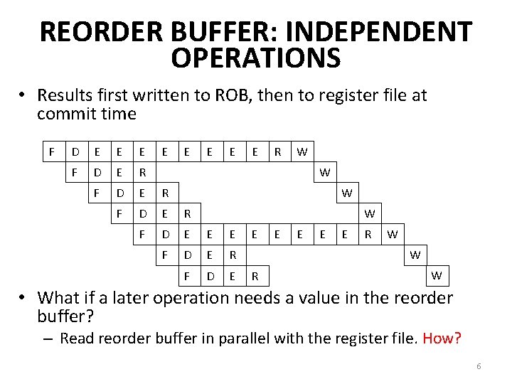 REORDER BUFFER: INDEPENDENT OPERATIONS • Results first written to ROB, then to register file