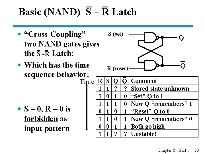 Basic (NAND) S – R Latch § “Cross-Coupling” two NAND gates gives the S