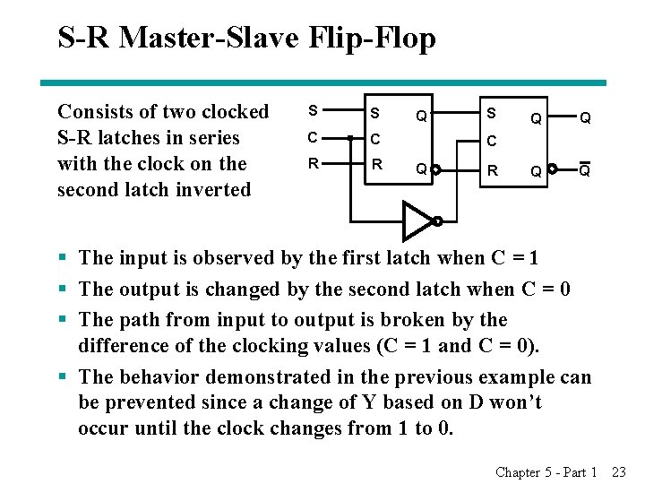 S-R Master-Slave Flip-Flop Consists of two clocked S-R latches in series with the clock