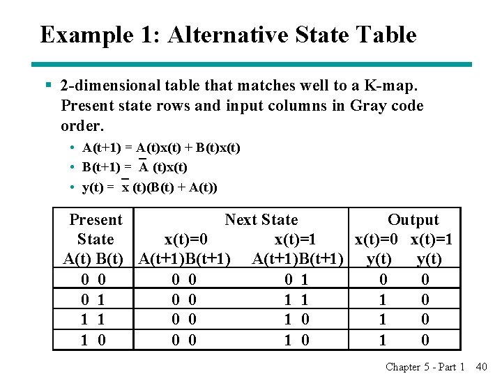 Example 1: Alternative State Table § 2 -dimensional table that matches well to a