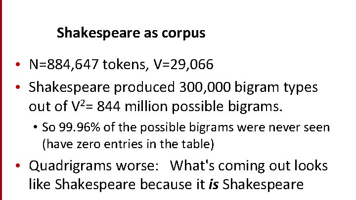 Shakespeare as corpus • N=884, 647 tokens, V=29, 066 • Shakespeare produced 300, 000