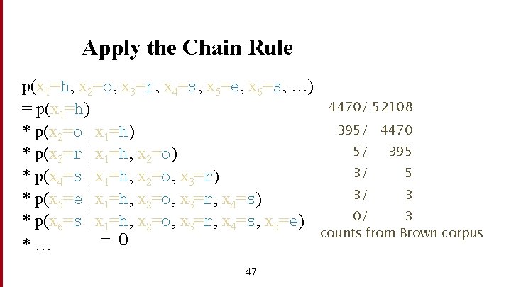 Apply the Chain Rule p(x 1=h, x 2=o, x 3=r, x 4=s, x 5=e,