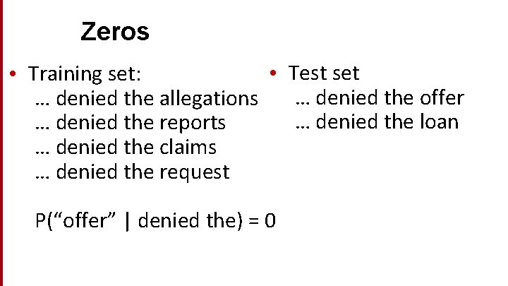 Zeros • Test set • Training set: … denied the offer … denied the